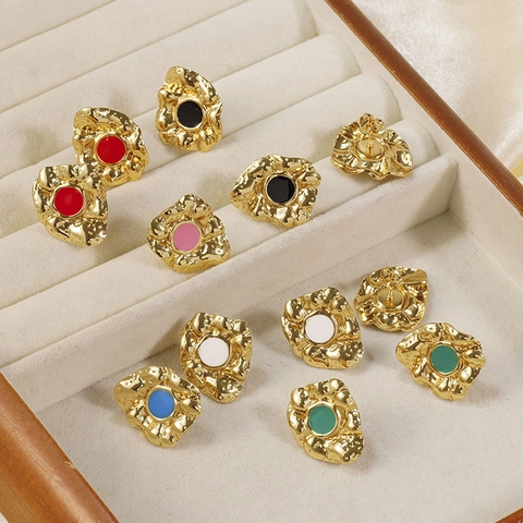 Irregular Hammered Stud Earrings 18K Gold Plated 304 Stainless Steel Colorful Enamel Vintage Fashion Jewelry For Women