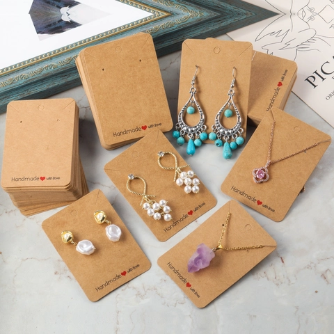 Jewelry Display Cards Kraft Paper Necklace Earring Packaging With Clear Plastic Bags Handmade With Love Heart Pattern