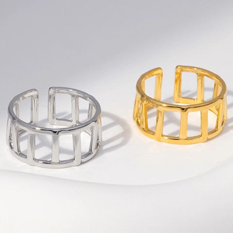 Anillo Hueco Geométrico Acero Inoxidable Chapado En Oro De 18K Abierto Ajustable Diseño De Valla Joyería Minimalista Para Mujer