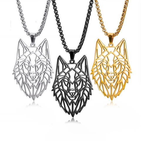 Geometric Wolf Head Pendant Necklace Hollow Out 304 Stainless Steel Curb Box Chain Hip Hop Punk Animal Jewelry For Men