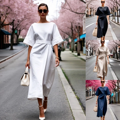 Women Casual Elegant Solid Color Midi Dress Half Sleeve Lace-Up Straight Polyester Dress Summer Fashion Commute