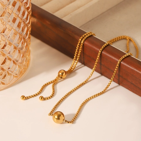 18K Gold Plated Stainless Steel Ball Pendant Necklace Adjustable Box Chain Minimalist Clavicle Jewelry For Women