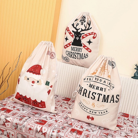 Christmas Drawstring Gift Bag Canvas Santa Reindeer Print Holiday Party Decoration Large Storage Sack