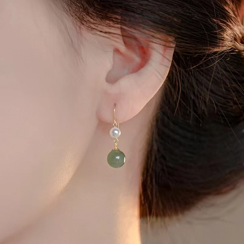 Elegante Hetian Jade En Zoetwaterparel Haak Oorbellen Vintage Dangle Drop Stijl Sieraden Voor Vrouwen Groen Wit