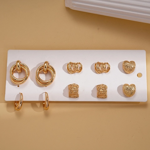 Geometric Heart Shaped Metal Stud Earrings With Silver Earring Post Elegant Gold Tone Textured Fashion Jewelry For Women