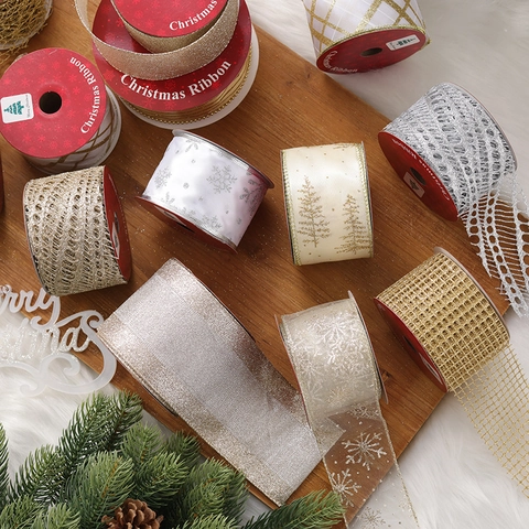 Ruban De Noël Scintillant Maille Velours Motif Flocon De Neige Pour Décoration Sapin De Noël Emballage Cadeau DIY