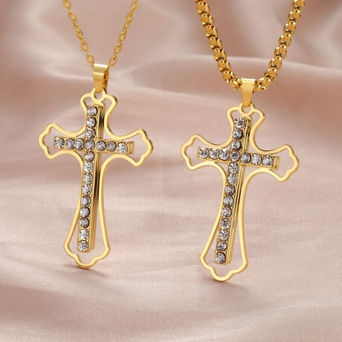Collier Pendentif Croix en Acier Inoxydable Hip Hop Pour Hommes Femmes Or Argent Plaqué Strass Bijoux Religieux