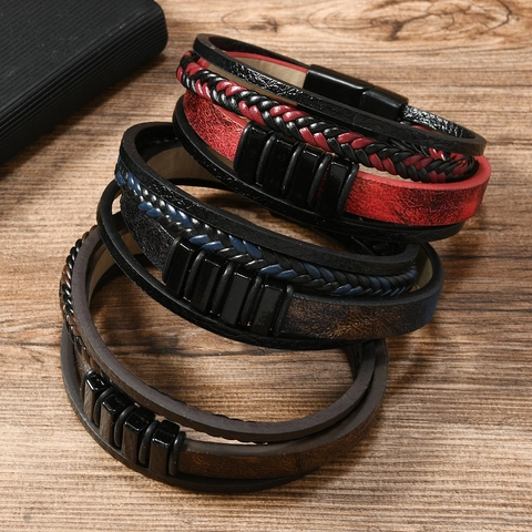 Multi-layer PU Leather Bracelet With Alloy Magnetic Clasp Snake Skin Pattern Braided Gradient Fashion Jewelry For Men Vintage Style
