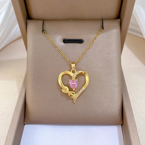 Heart Pendant Necklace With Pink Zirconia And Rhinestones Stainless Steel Chain Copper Infinity Jewelry For Women