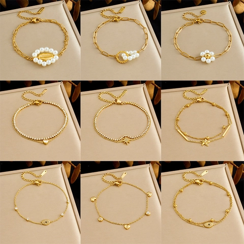 Stainless Steel Bracelet For Women Gold Plated Double Layer With Evil Eye Artificial Pearl Flower Star And Zircon Charms Fashion