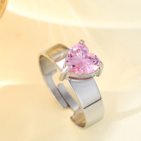 Bague Ouverte Ajustable Pierre Précieuse Cœur Rosa Acier Inoxydable 304 Poli Miroir Bijoux Doux Pour Femmes