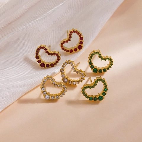 Orecchini a Bottone a Cuore in Acciaio Inossidabile per Donna Cuore Cavo Zirconia 14K Placcato Oro Gioielli di Moda Eleganti