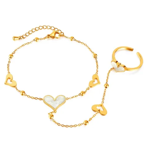 Minimalistisches Edelstahl Herz Perlmutt Ring Armband Integrierte Handkette Für Damen Vergoldet Hand Schmuck