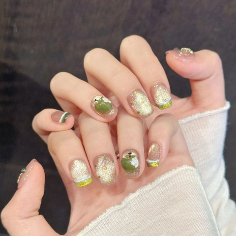 Handgemaakte Kunstnagels Roze Nude Kattenoog Appel Strik Decor Glitter Herbruikbare Valse Nagels Voor Dames