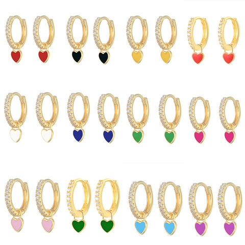 Fashion Copper Rhinestone Heart Hoop Earrings Colorful Enamel Dangle Heart Earrings Elegant Jewelry For Women Daily Gift