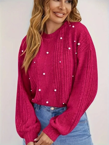 Suéter De Punto Acanalado Con Perlas Artificiales Para Mujer Cuello Redondo Manga Linterna Jersey Informal Holgado Poliéster Otoño