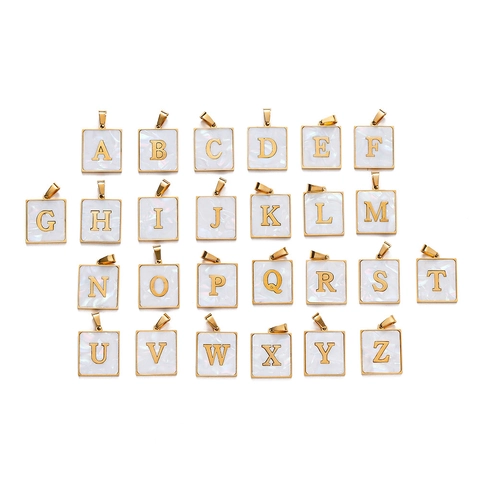 Square Letter Pendants Stainless Steel Faux Mother Of Artificial Pearl Alphabet Initial DIY Jewelry Making Accessories Charms