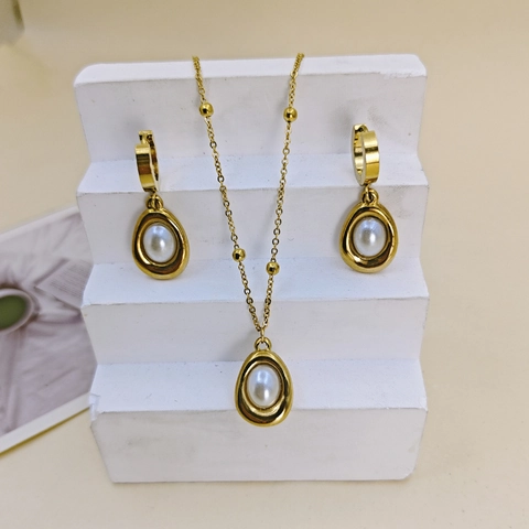 Vintage Stainless Steel Jewelry Teardrop Oval Faux Artificial Pearl Turquoise Pendant Necklace And Earrings For Women Gold Plated