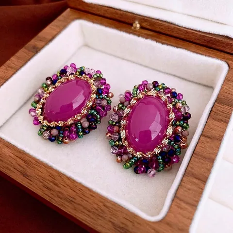Pendientes De Botón De Flor De Cristal Ovalados Vintage Con Poste De Plata Aleación Joyería De Cuentas Coloridas Mujer