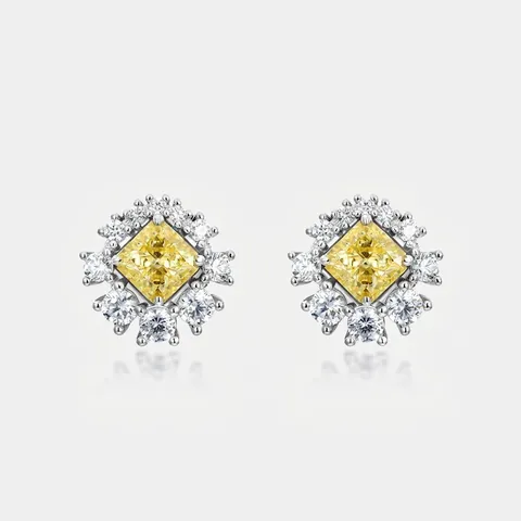 925 Sterling Silver Yellow Zirconia Stud Earrings Square Cut Halo Design Fashion Jewelry With 925 Silver Earring Post For Women