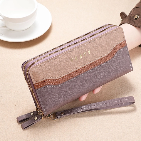 Portafoglio Lungo Donna Pochette Doppia Cerniera Pelle PU Texture Litchi Blocco Di Colore Con Cinturino Da Polso
