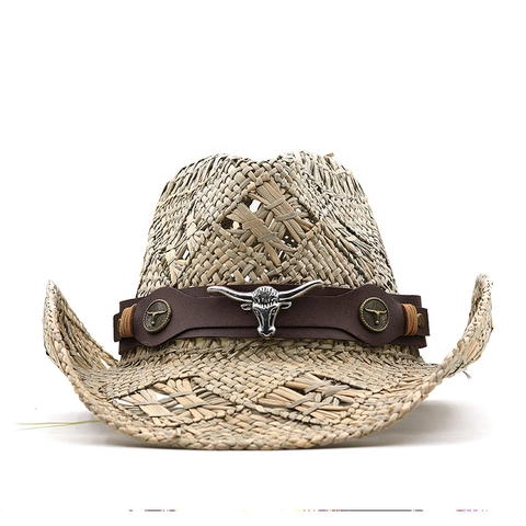 Cappello Di Paglia Western Cowboy Intrecciato A Mano Cavo Visiera Con Cintura In Pelle E Testa Di Toro In Metallo Estate