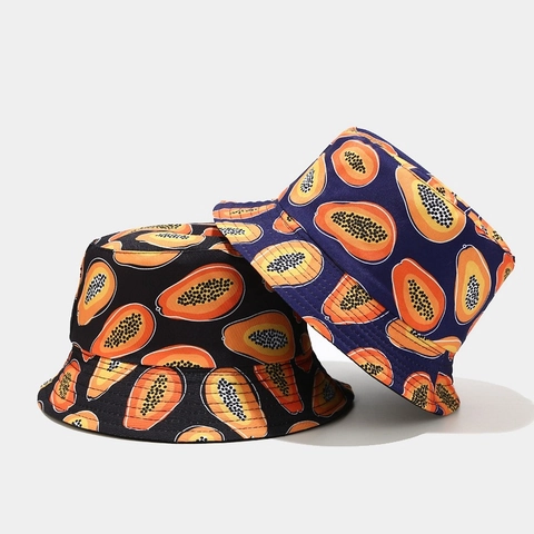 Reversible Bucket Hat Cotton Canvas Papaya Pattern Wide Brim Sun Protection Tropical Summer Travel Outdoor For Men Women