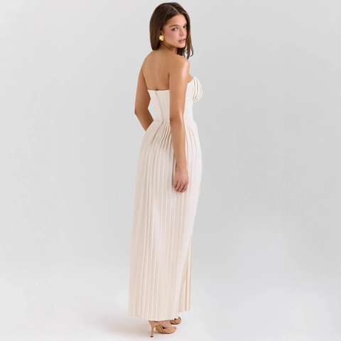 Elegant Strapless Pleated Maxi Dress Corset Style Ruched Cups Polyester High Waist Evening Party For Women