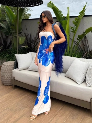 Dames Tube Top Maxi Jurk Bloemenprint Polyester Elastaan Slanke Pasvorm Vakantie Zomer Casual Mouwloos Schoudervrij