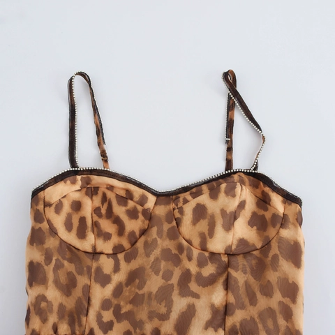 Sexy Leopard Print Camisole Mini Dress Rhinestone Spaghetti Straps High Waist Bubble Hem Polyester Women Party Club Wear