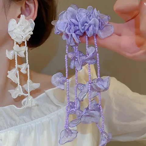 Lange Kwastjes Oorbellen Met Chiffon Bloemen En 925 Sterling Zilveren Oorsteker Kralen Boho Strand Vakantie Dames