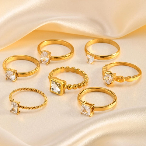 Minimalist Stainless Steel Ring Gold Plated Cubic Zirconia Geometric Adjustable Open Finger Jewelry For Women
