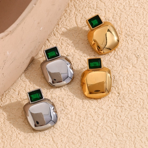 Quadratische Grüne Zirkon Ohrstecker Edelstahl 18K Vergoldet Geometrisch Irregulär Vintage Mode Für Damen
