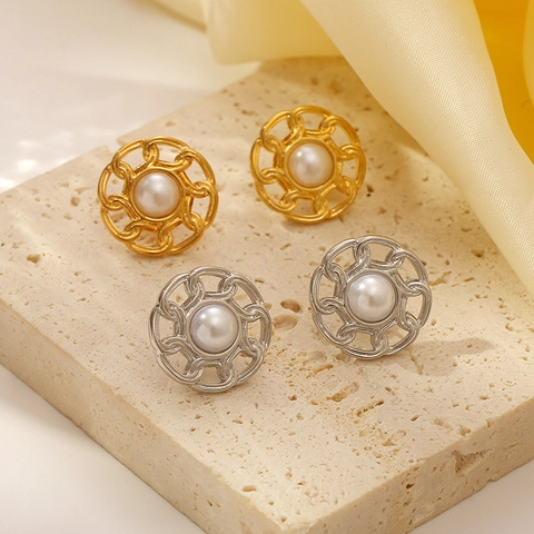 Pendientes De Botón Redondos Vintage De Acero Inoxidable Con Perla Artificial Borde De Textura De Cadena Hueca Retro Geométrico Para Mujeres