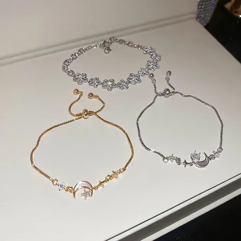 Adjustable Bracelet Copper 18K Gold Plated Zircon Mother Of Artificial Pearl Star Moon Hollow Flower Elegant Jewelry Women