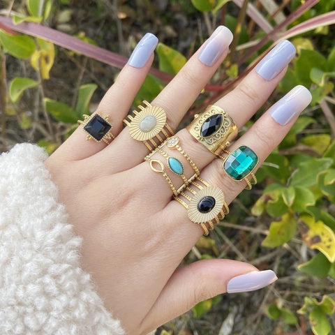 Boho Vintage Edelstahl Ringe Naturstein Kristall Verstellbar Vergoldet Geometrischer Schmuck Für Frauen