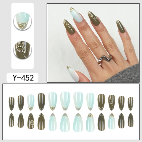 Long Almond Press On Nails 3D Gold Metallic Relief French Tip Manicure Bohemian Style For Women Elegant Wearable