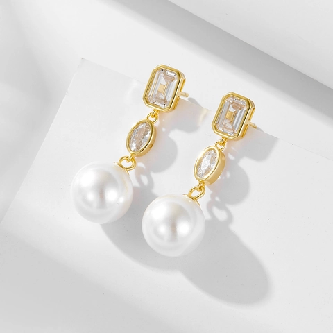 Elegant 925 Sterling Silver Pearl Drop Earrings Square Rhinestone Long Dangle Earrings For Women Wedding Party Jewelry