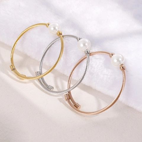 Brazalete Abierto De Acero Inoxidable Con Perla Artificial De Concha Grande Pulsera De Cable Trenzado Joyería Para Mujeres