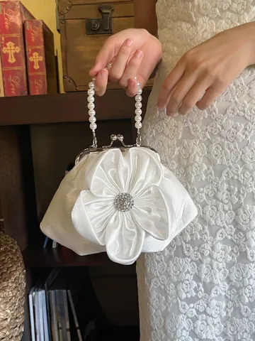 White Satin Evening Clutch Bag With Large Flower Rhinestone Artificial Pearl Handle For Wedding Formal Party Vintage Handbag