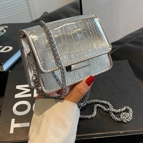 Mini Umhängetasche Mit Krokodilmuster PU Leder Patent Metallkette Kleine Quadratische Handtasche Für Damen Mode