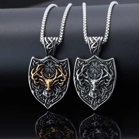 Norse Viking Deer Head Pendant Necklace Stainless Steel Antique Shield Elk Forest Animal Jewelry For Men Retro Style