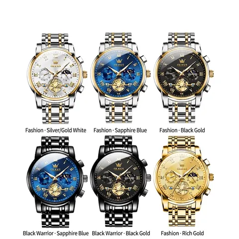 Men Business Quartz Watch Stainless Steel Band Waterproof Luminous Moon Phase Chronograph Luxury Roman Numeral Fashion Wristwatch