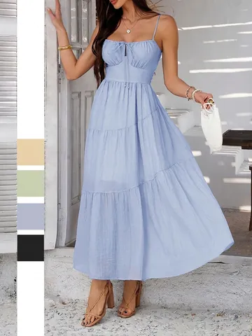 Women Cami Maxi Dress Spaghetti Strap Tiered Layered Sundress Bow Tie High Waist Shirred Back Vacation Elegant