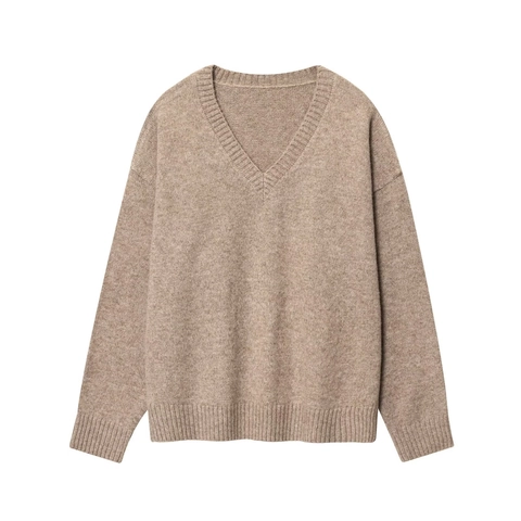 Women V Neck Knit Sweater Acrylic Long Sleeve Drop Shoulder Ribbed Solid Color Casual Loose Pullover Top