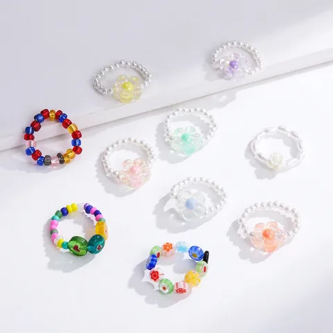 Anelli Di Perline Fatti A Mano Con Künstliche Perle Simulate Fiori Di Vetro Gioielli Elastici Per Dita Da Donna Bohemian Dolce
