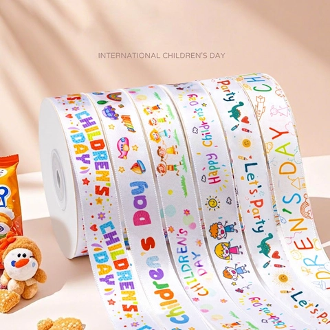 Cartoon Printed Ribbon Polyester Satin For Children's Day Birthday Gift Wrapping DIY Craft Colorful Novelty