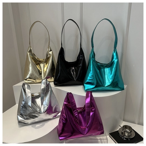Borsa Tote in Pelle PU Metallizzata Grande Capacità Donna Borsa a Tracolla Alta Brillantezza Minimalista Hobo Con Piccola Tasca