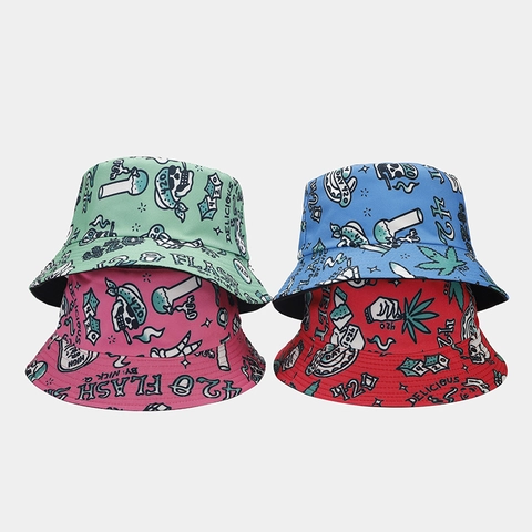 Double Sided Bucket Hat Polyester Cotton Canvas Sun Protection Outdoor Streetwear Graffiti Print Skull Pattern Unisex Fashion