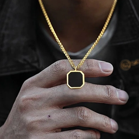 Octagonal Geometric Pendant Necklace 304 Stainless Steel Black White Shell Inlay For Men Women Fashion Jewelry Gift